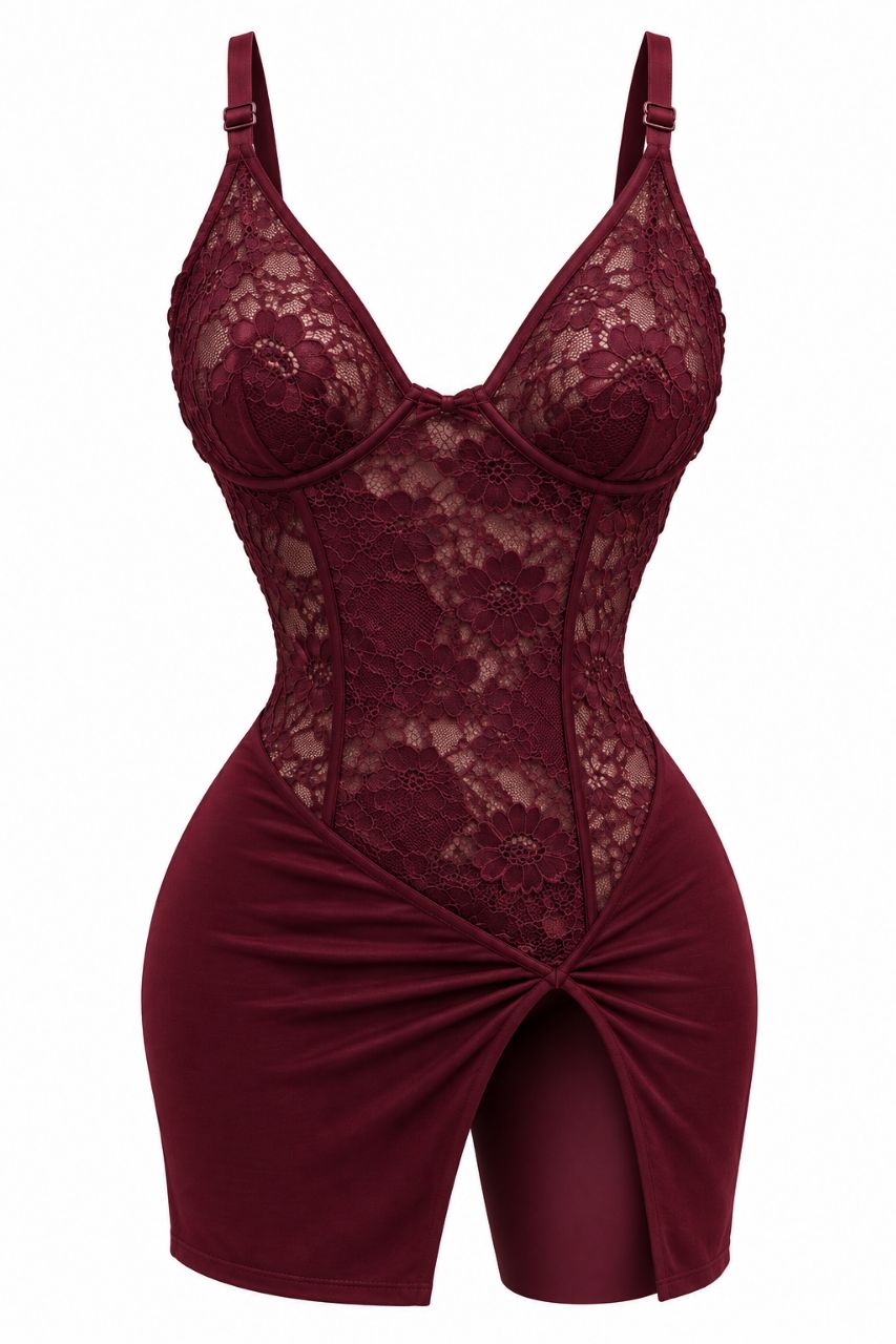لباس خواب کوتاه گیپوری زرشکی با شورت لامبادا مدل روبی ۸۹۴۵۱